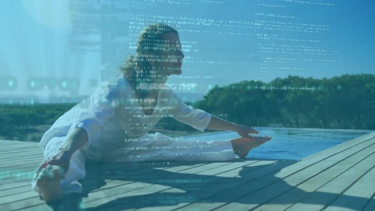 Animation of data processing over Caucasian woman stretching