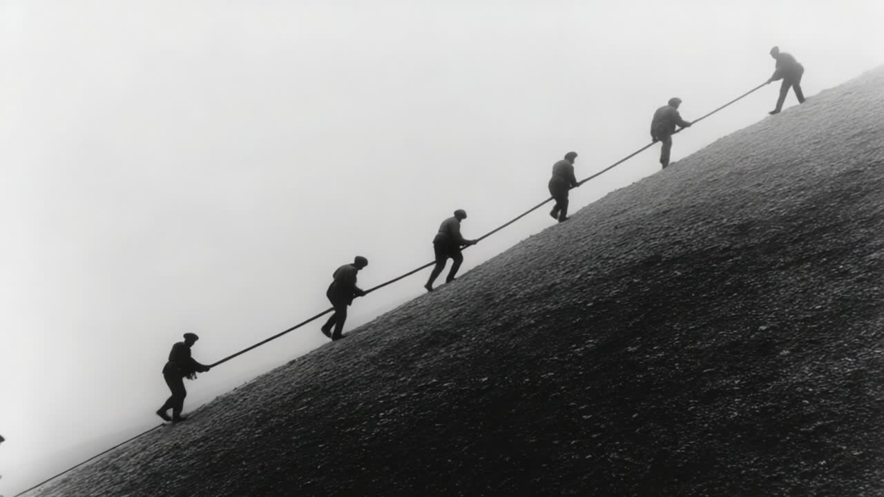 A Group of Figures Ascending a Steep Slope in a Black and White Scene Symbolizing Teamwork and Perseverance Against Challenging Terrain