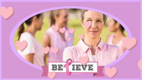 animation of hearts and believe text over caucasian women wearing pink shirts