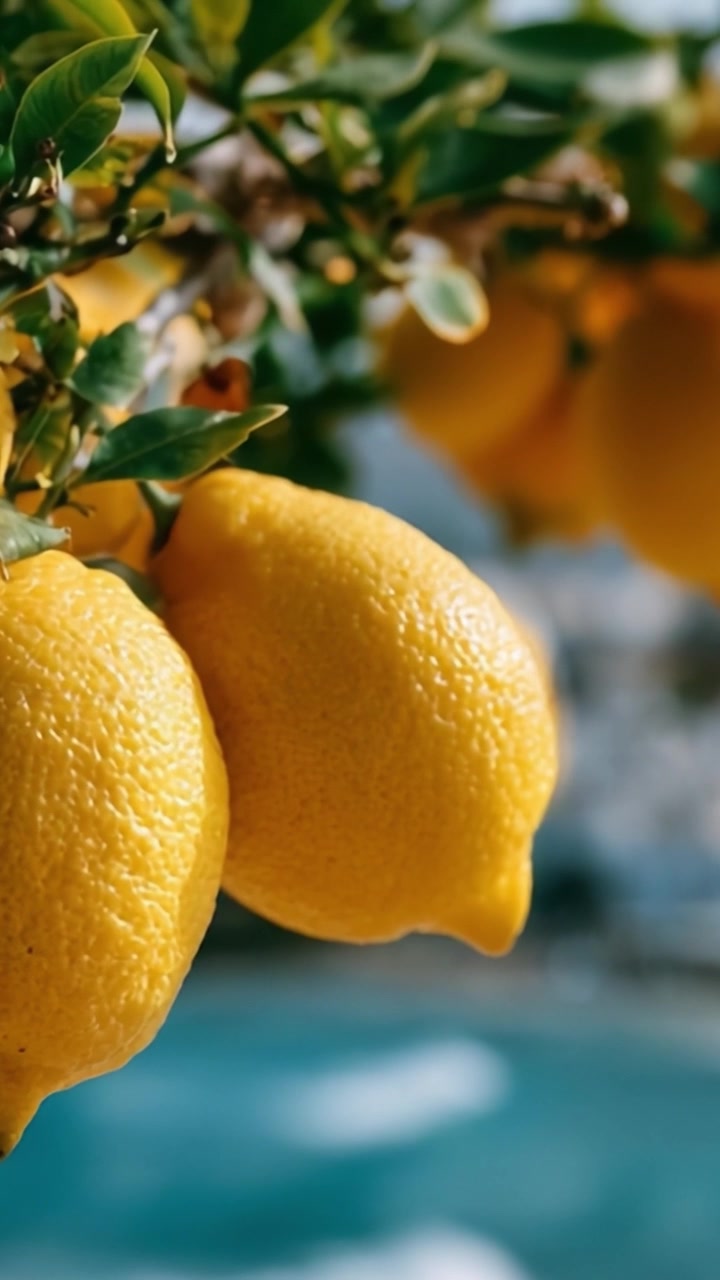 Limoni gialli vivaci pendono da un albero verde lussureggiante, mettendo in mostra l'abbondanza della natura contro uno sfondo panoramico leggermente sfocato di acque blu e luce solare.