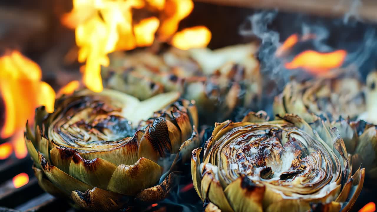 Artisan grilling method featuring fresh artichokes sizzling over open flames, charring edges while releasing smoky, caramelized flavors during rustic outdoor culinary preparation