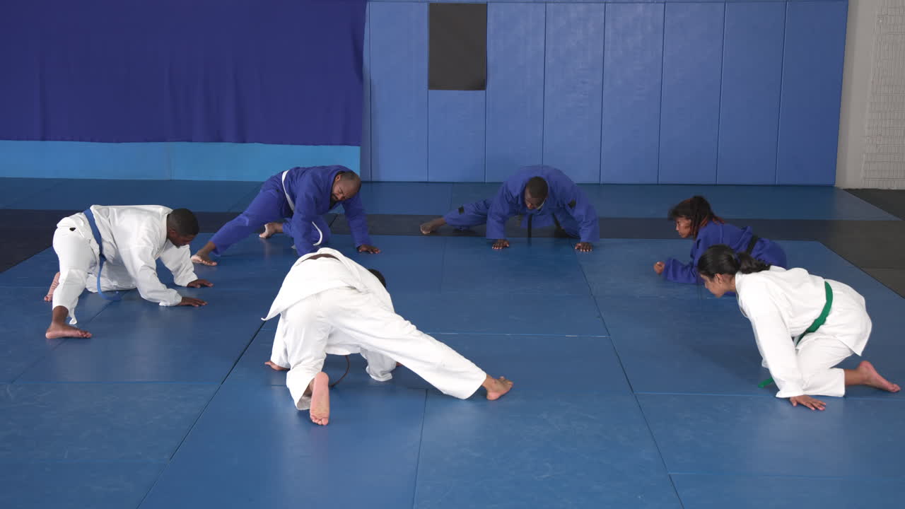 Practicing judo, group of people stretching on blue mats in dojo