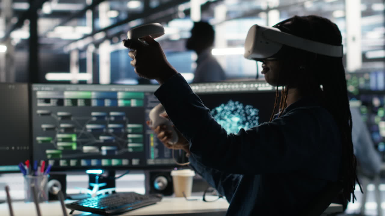 Data center engineer using virtual reality technology and node tree software