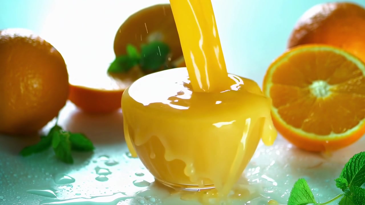 Succo d'arancia fresco che si versa in un bicchiere con arance