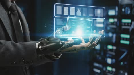futuristic technology with bionic hand and digital display