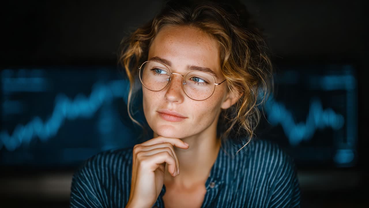 A Thoughtful Young Woman Analyzes Data on Computer Screens, Deep in Contemplation, Reflecting on Trends and Insights in a Modern Workspace