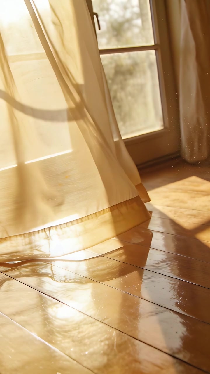 Lodret video: Svajende gennemsigtigt gardin bevæger sig ved døren, brise gennem en åben sprække kaster sol på gulvet.