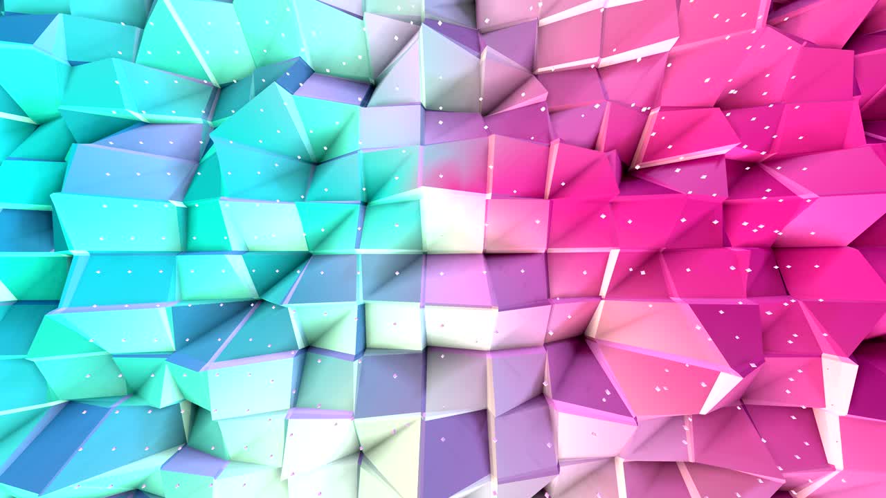 abstracto simple azul rosa baja poli superficie 3d y cristales blancos voladores como fondo simple. suave fondo geométrico baja poli de polígonos rosados azules puros. fondo de bucle sin costuras 4k fullhd.