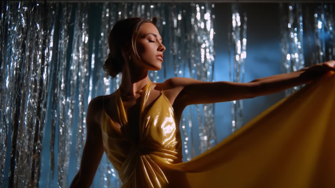 A graceful model poses elegantly in a shimmering golden gown against a backdrop of metallic streamers, showcasing confidence and poise during a captivating performance moment captured in a stunning video sequence