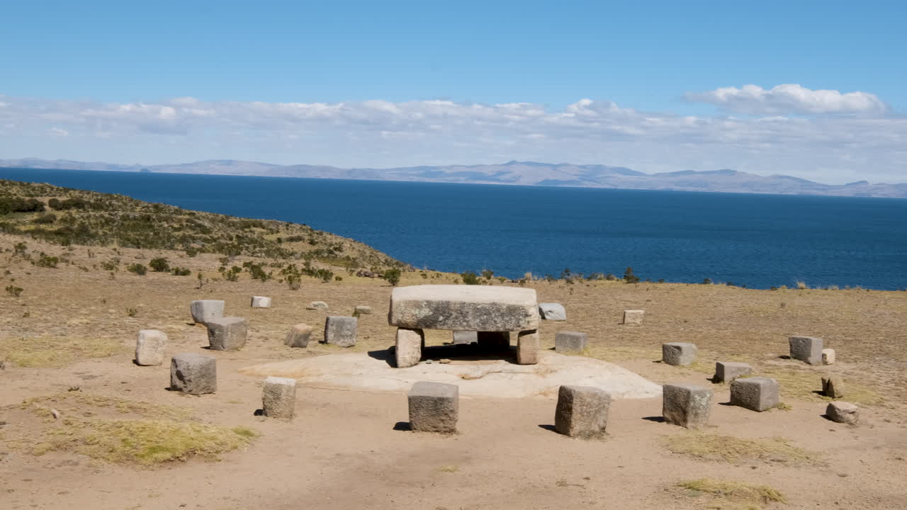 Pan shot showcases the historic Mesa Ceremonial on Isla del Sol, Copacabana, Bolivia