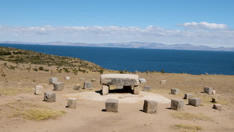 pan shot showcases the historic mesa ceremonial on isla del sol, copacabana, bolivia