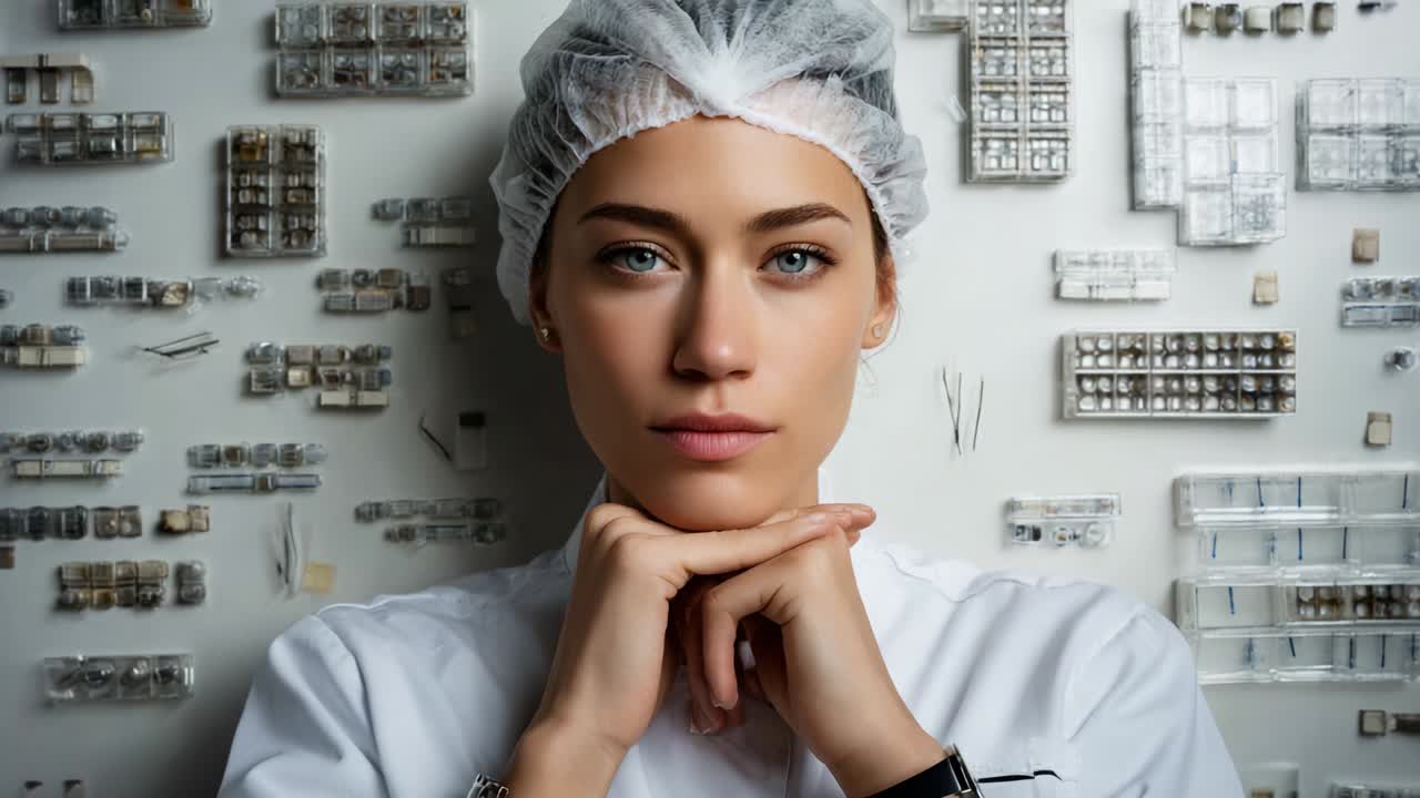 A focused professional with striking blue eyes contemplates the next step in a clinical environment, with a backdrop of organized medical supplies and instruments, exuding an aura of confidence and expertise