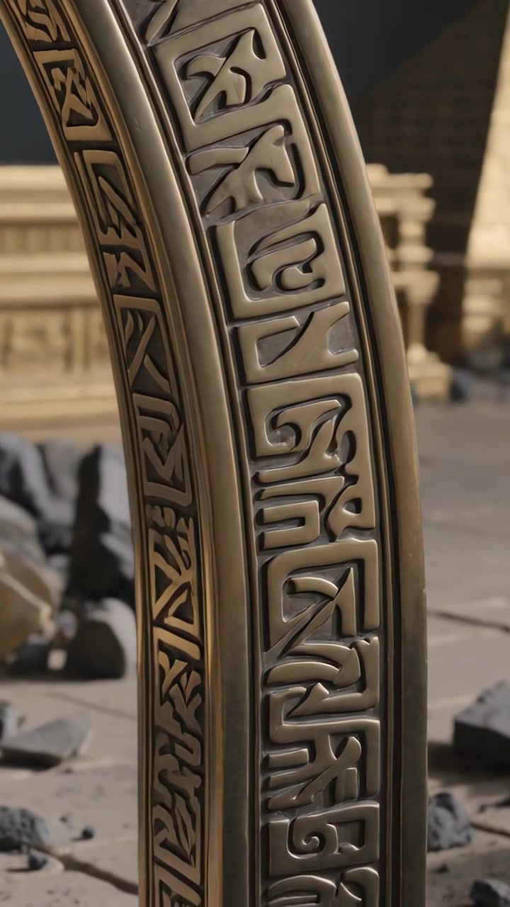 Vertical video: Panning camera revealing ornate bronze ring at temple plinth, exposing carved runes