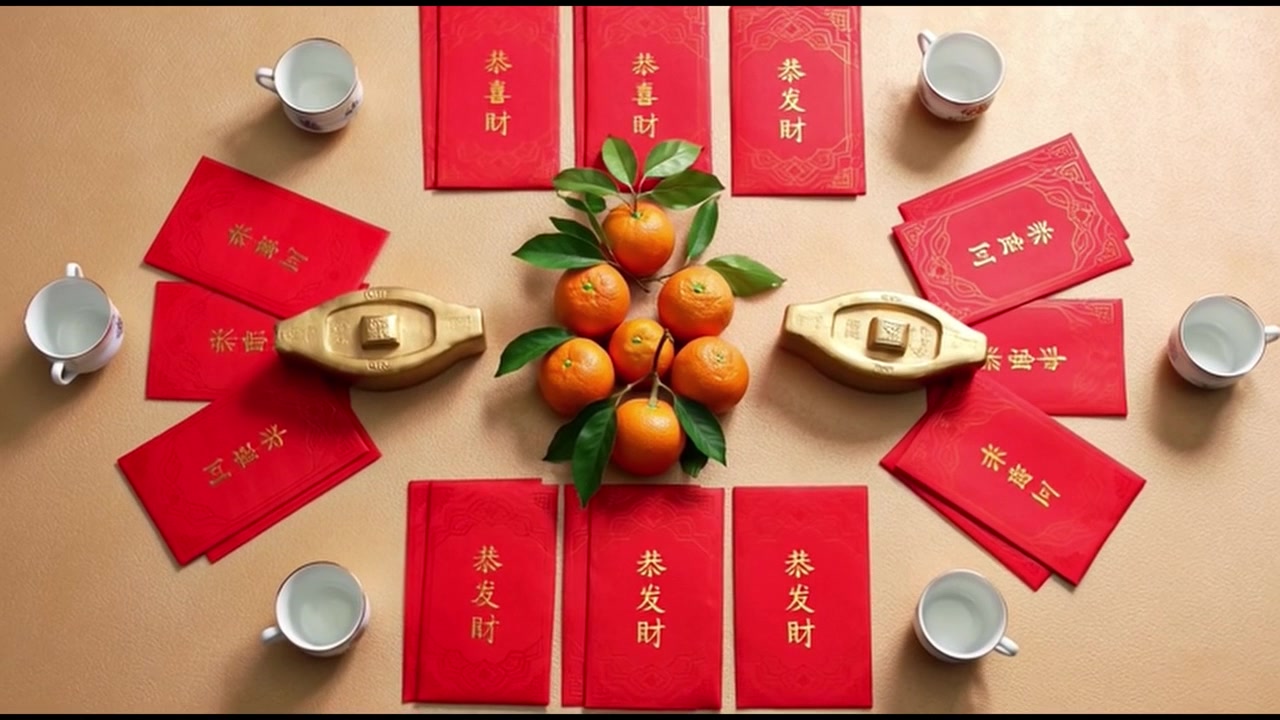 Bàn tiệc mừng Tết Nguyên Đán Trung Quốc với phong bao lì xì đỏ và cam