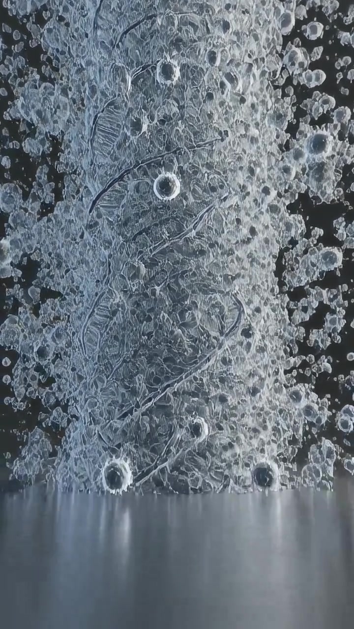 Video verticale: Mostra un tubo a bolle con una serpentina, piccole bolle che salgono, si uniscono e si staccano nel serbatoio.