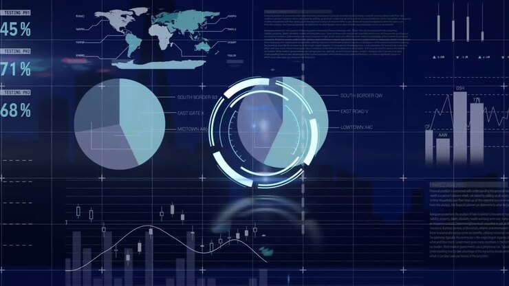 Rund skanner og statistisk databehandling mot en blå bakgrunn.