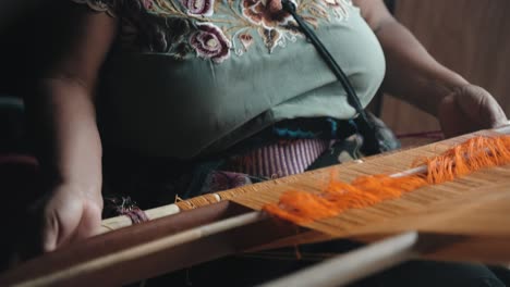 Woman Pulling and Raising Thread in Traditional Weaving Loom San Cristobal de las Casas, Zinacant&aacute;n, Chiapas, Mexico Closeup