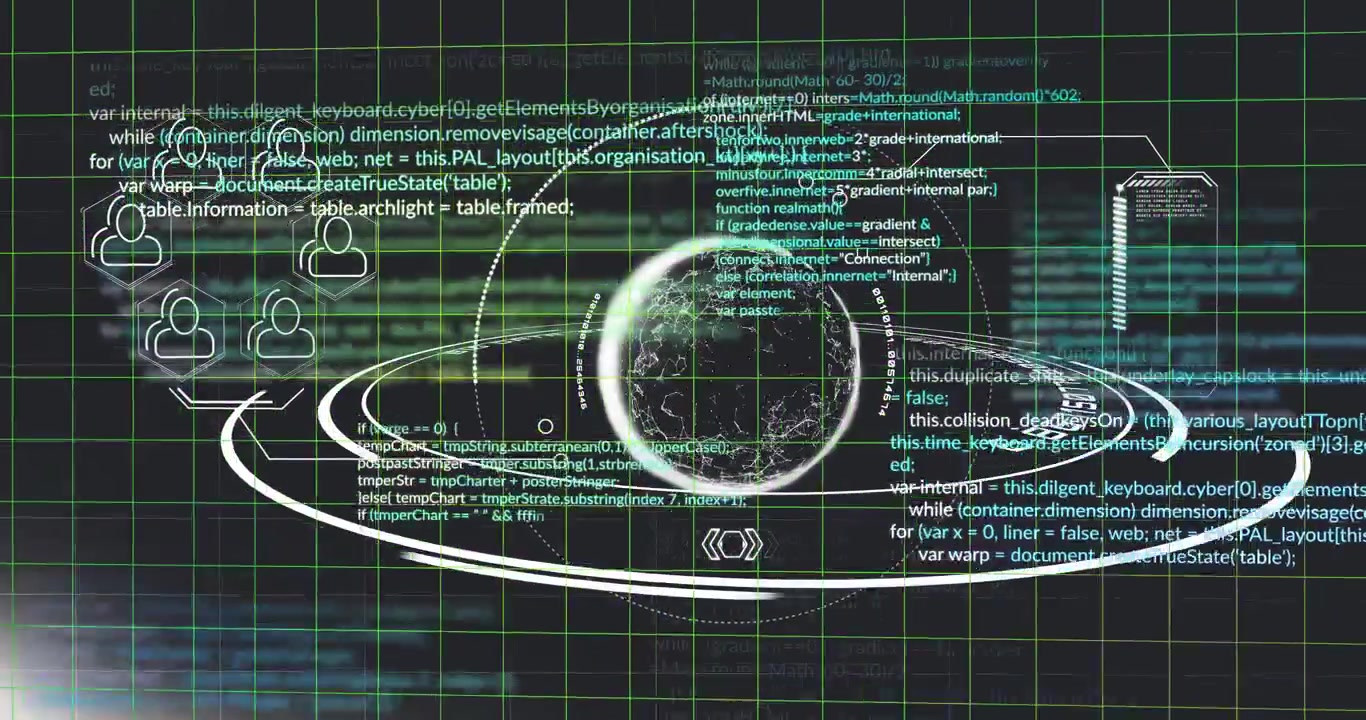Data pulse initiating HUD, sphere expanding and rotating while code lines scrolling, showing data