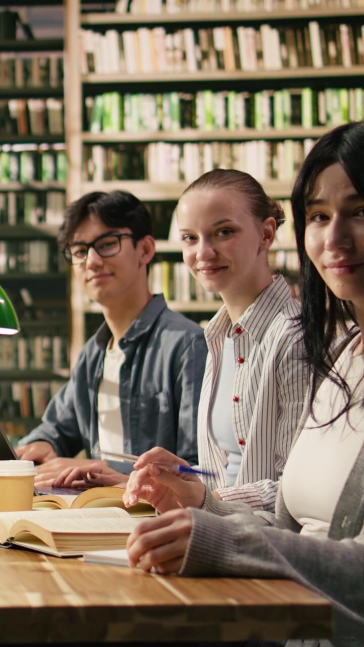 Video verticale. Ritratto di studenti di diverse etnie e un tutor che studiano insieme in gruppo a un tavolo della biblioteca.