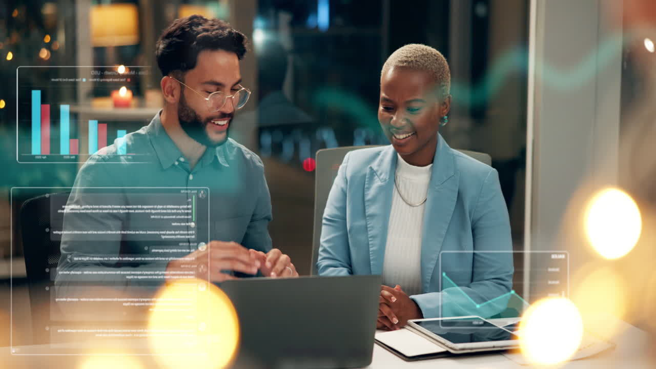 Business Professionals Discussing Data with Futuristic Interface