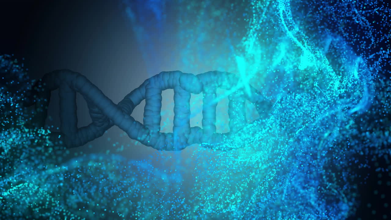 DNA strand and molecular structure animation over blue particles background