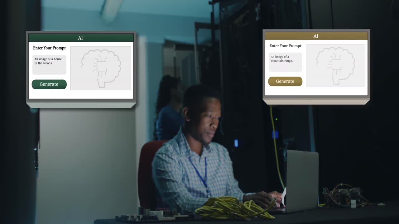 Animation of online chat and male african american it engineer and computer servers