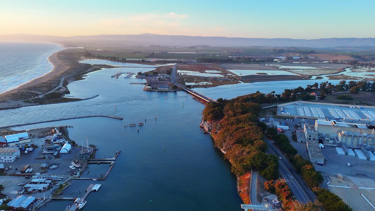 Moss Landing Harbor and Pacific Ocean Coastline at Sunset in Monterey County, USA
