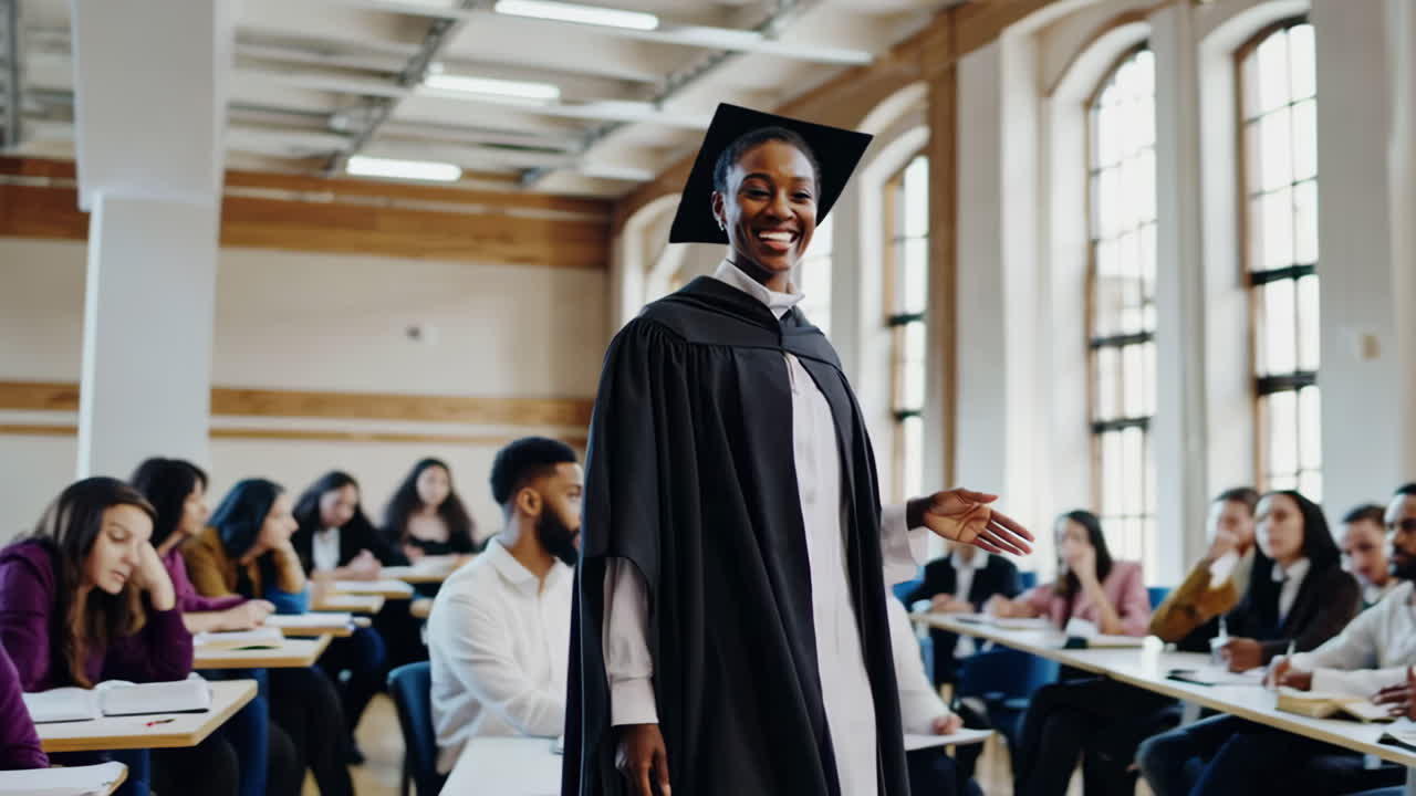 Woman in Academic Robe Engages with Students in University Lecture Hall