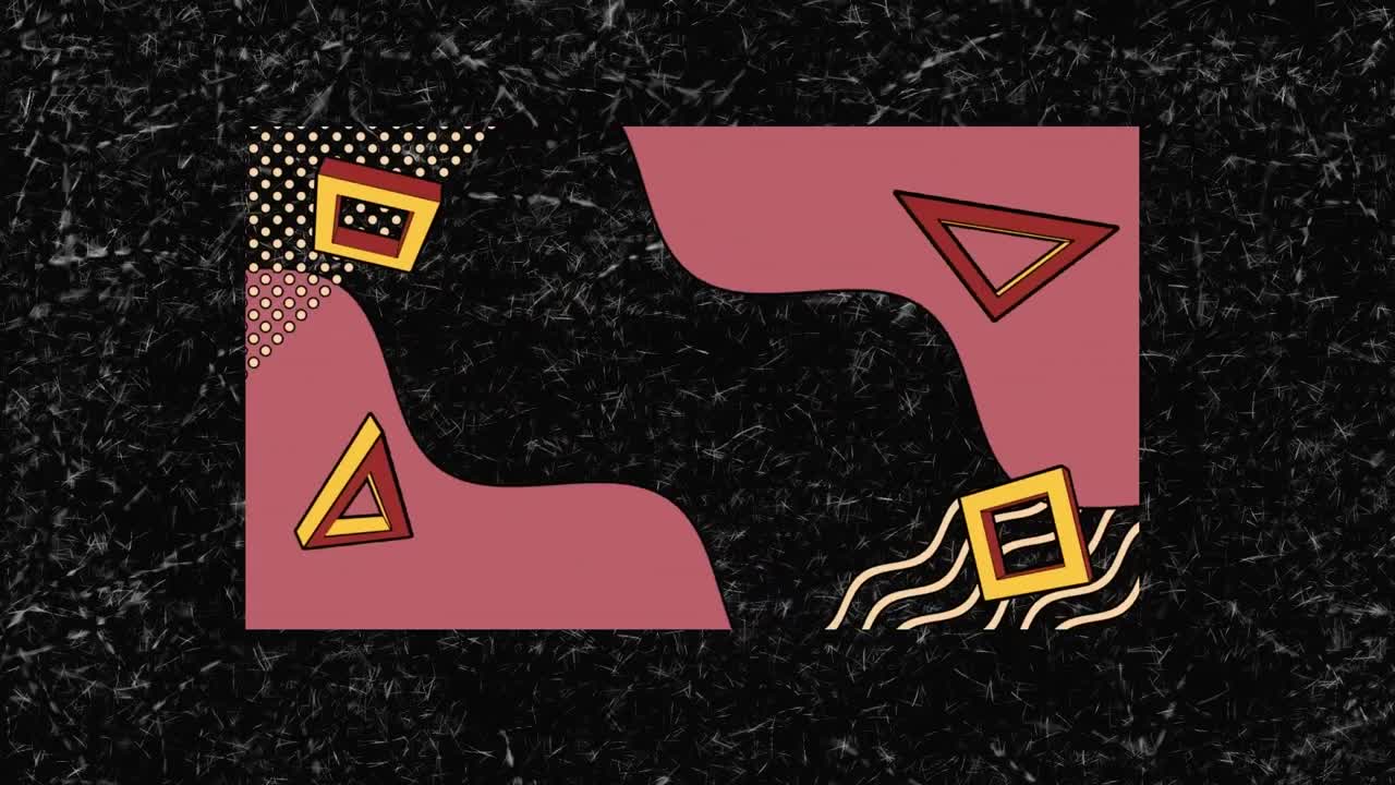 검은색과 분홍색 배경 위에 회전하는 삼각형과 사각형의 애니메이션