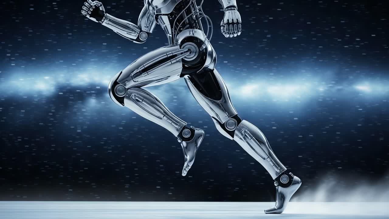 Futuristic Robot Athlete Sprinting in a Dynamic Environment, Showcasing Advanced Robotics and High-Speed Motion with a Sleek Metallic Design and Futuristic Appeal
