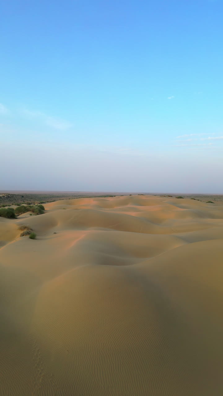 una vasta duna se extiende bajo la brillante luz del sol con arena dorada que fluye sin fin con arbustos esparcidos jaisalmer rajasthan india 4k