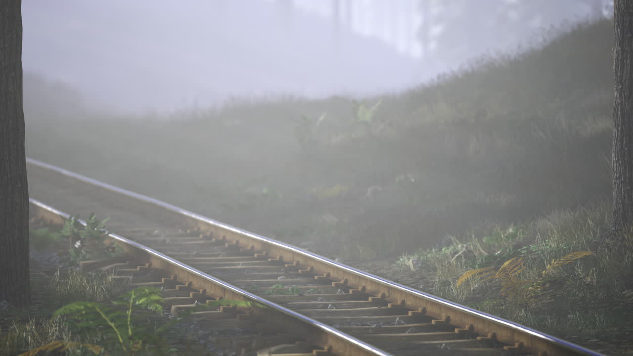 Misty railway tracks winding through a serene forest in early morning light
