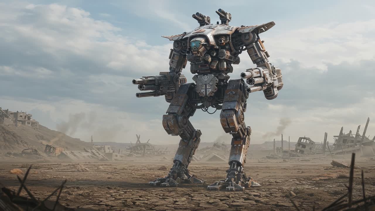 A towering mech stands powerfully in a desolate landscape, showcasing advanced technology and intricate design, surrounded by remnants of a past civilization under dramatic skies