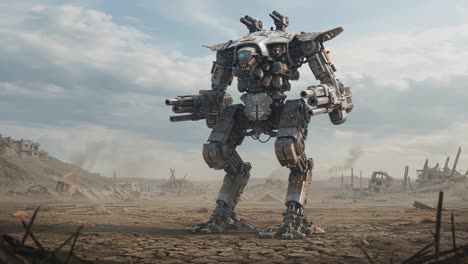 a towering mech stands powerfully in a desolate landscape, showcasing advanced technology and intricate design, surrounded by remnants of a past civilization under dramatic skies