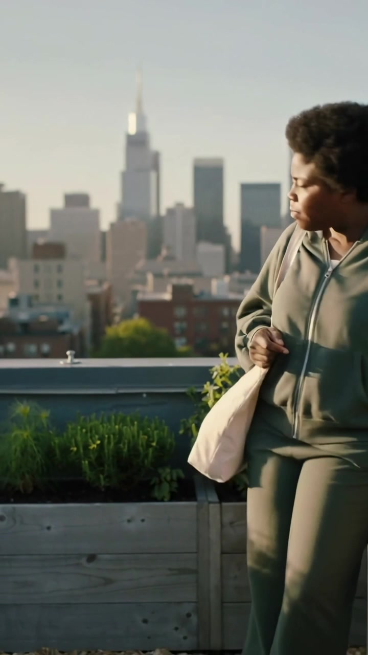 Vertical video: Stepping woman in green hoodie and pants adjusting tote by planters, facing skyline