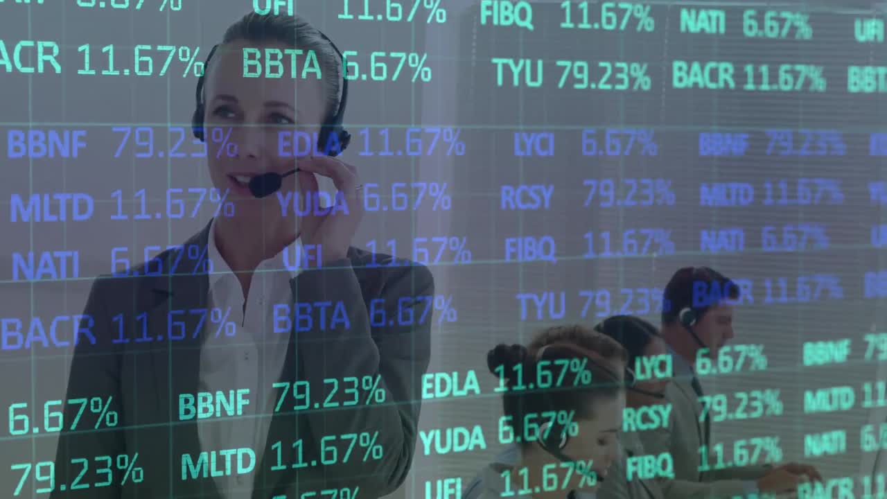 Animazione del mercato azionario su diverse persone d'affari con auricolari
