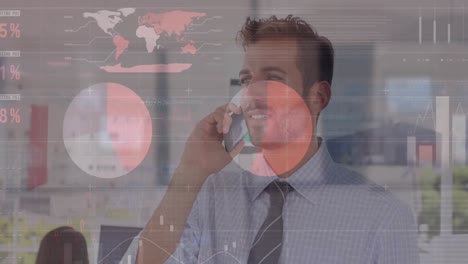 Animation-of-infographic-interface-over-smiling-caucasian-man-talking-on-cellphone-in-office