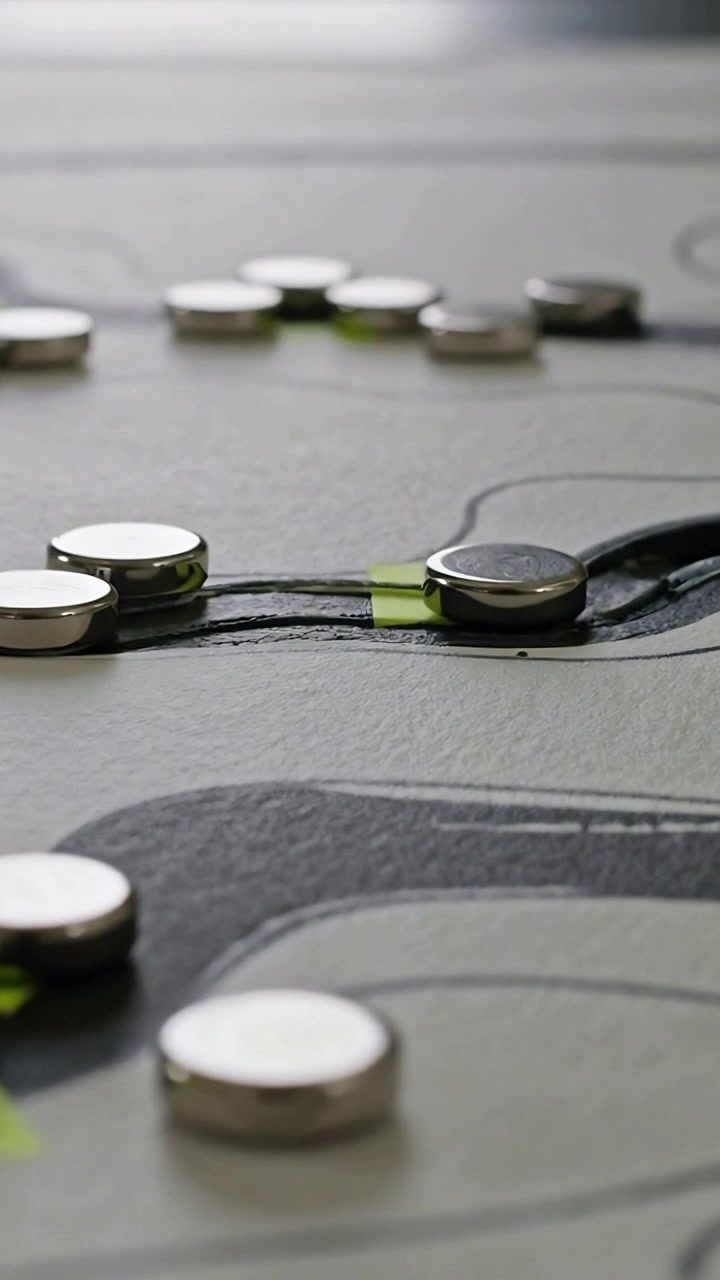 Vertical video: Moving camera revealing coin cells along traces on tabletop showing plan