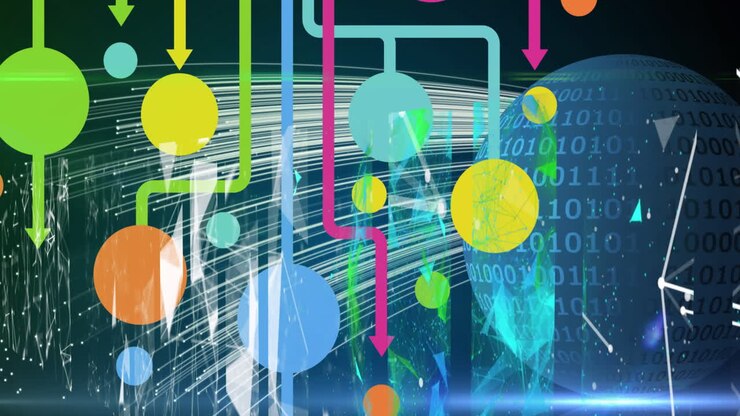 Animazione di un globo con rete di connessioni e elaborazione dati in codice binario