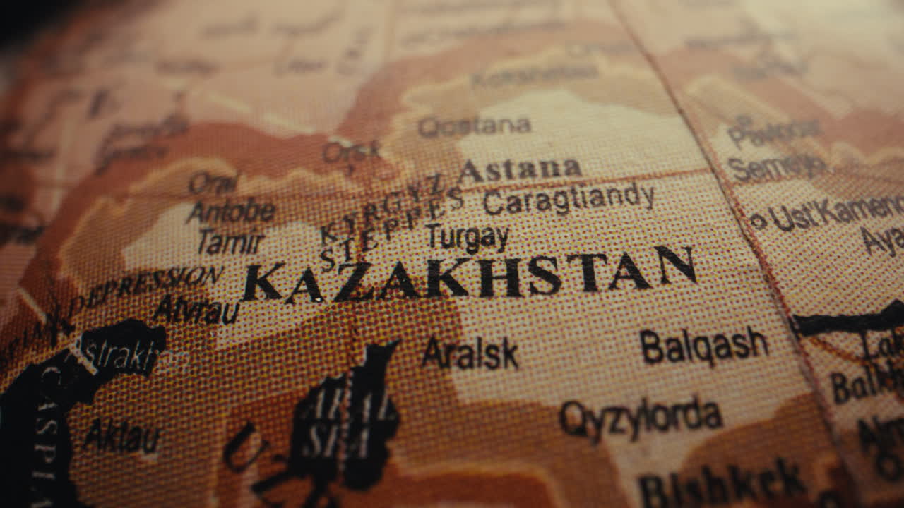 Close-up of a world map showing Kazakhstan