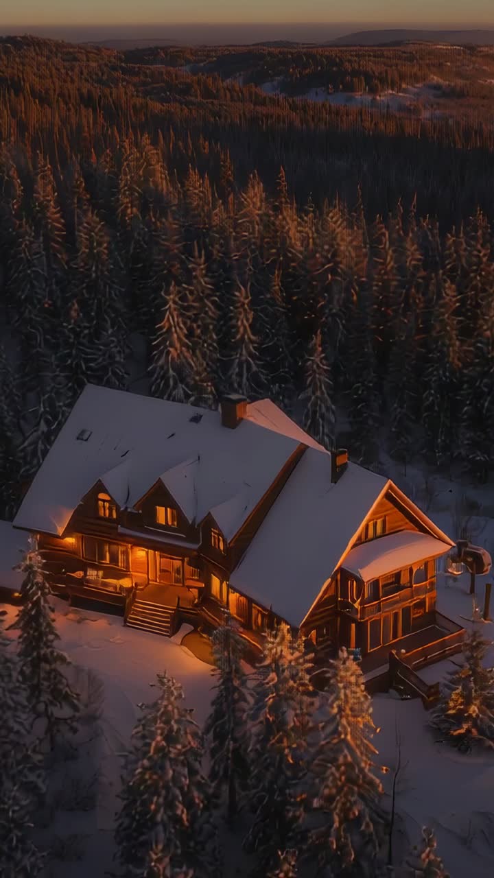 Vidéo verticale : un drone recule et révèle un chalet enneigé et des collines boisées au crépuscule, avec des lumières