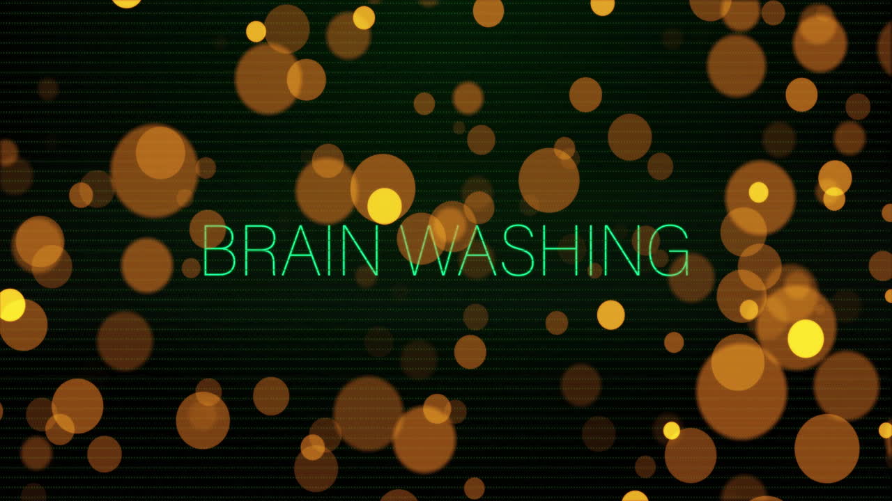 어두운 배경에 떠다니는 오렌지색 원의 애니메이션 위에 뇌 세척 텍스트