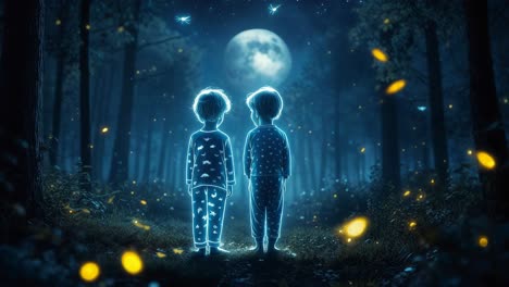 two children walking in a magical forest at night