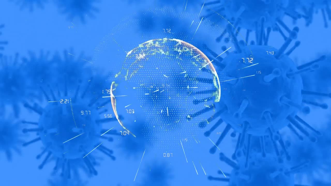 глобус и клетки ковид-19 движутся на синем фоне