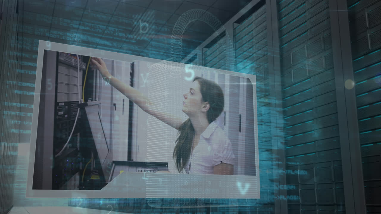 Animation of cyber attack warning over caucasian woman in server room