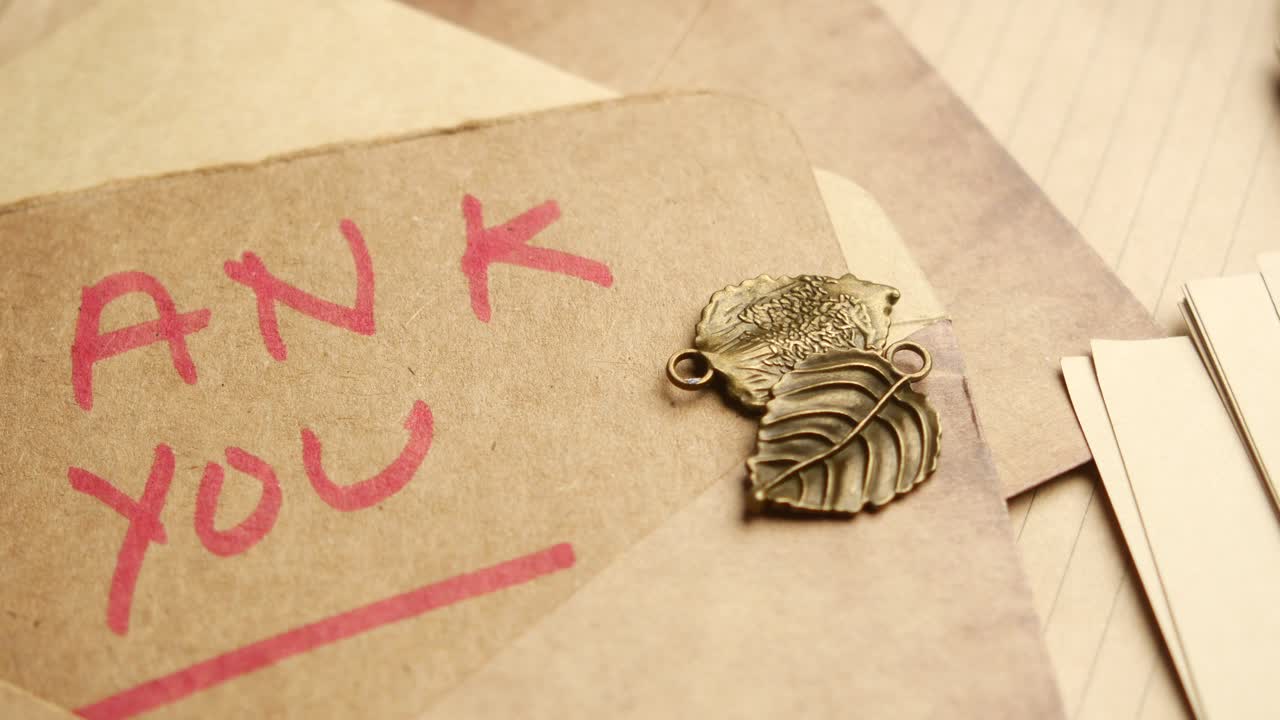 빈티지 잎 장식품으로 된 감사 편지