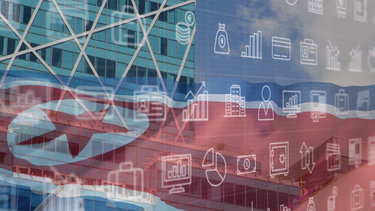 Animation of business icons and flag of north korea over city