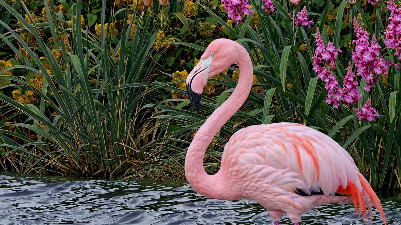 A vibrant flamingo stands in water, surrounded by lush greenery and pink flowers