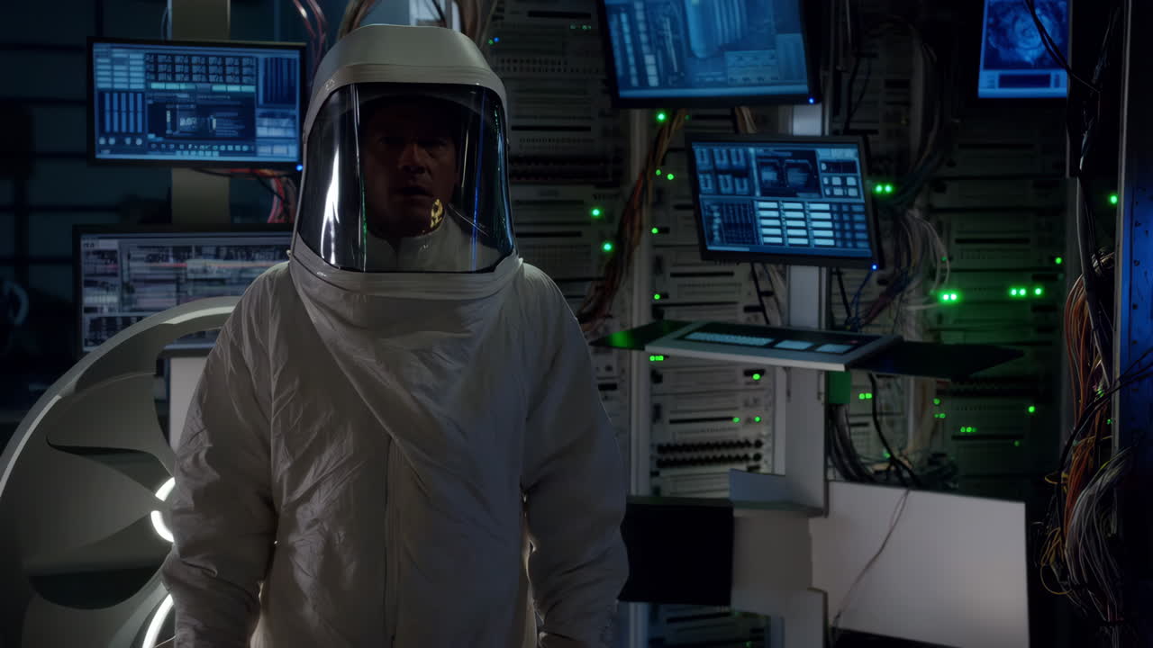 Man in Hazmat Suit in a High-Tech Server Room