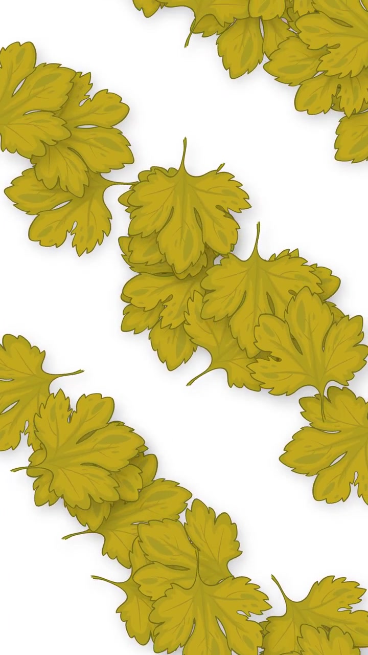 Stylized green leaves fall diagonally across a clean white background in a vertical loop.